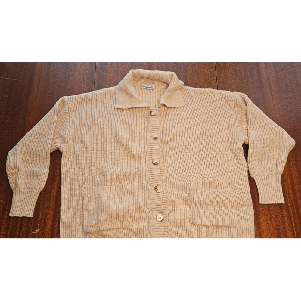 Magnolia Beige Button Front Collared Cardigan Sweater Puffy Sleeves Size S